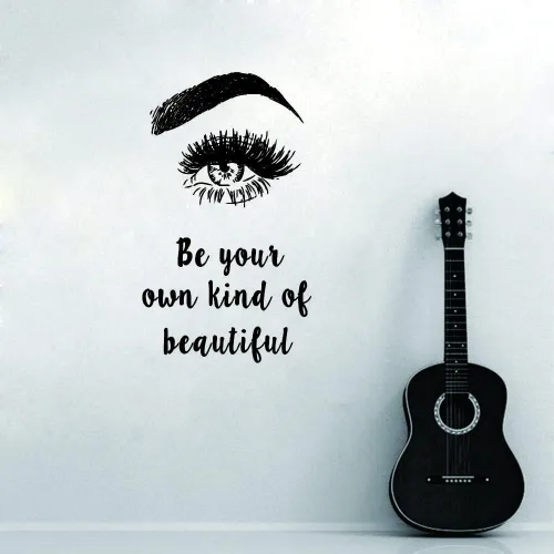 Vista 4 de Calcomanía de pared de pestañas y maquillaje, con texto en inglés «Be Your Own Kind of Beautiful Quote», adhesivo de vinilo extraíble para salón