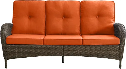 Vista 19 de Sofá de lujo para patio, sofá de mimbre para exteriores con cojines sonrientes de 6 pulgadas, respaldo alto, resistente, cómodo, mimbre marrón