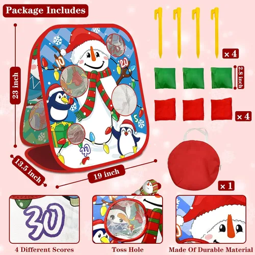 Vista 3 de Juegos de Fiesta de Navidad para Niños y Adultos, Juego de Lanzamiento de Bolsita con Tablero Plegable de Dos Caras de Estilo Cornhole con 8