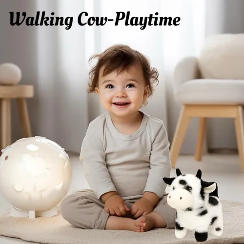Vista 5 de Easfan Walking Black Cow - Juguete electrónico interactivo de peluche para mascotas con sonidos y movimientos en movimiento, juguete educativo