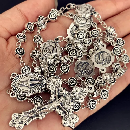 Vista 6 de elegantmedical Hecho a mano vintage plata rosa cuentas rosario católico collar cruz caja de regalo Italia crucifijo, Plata