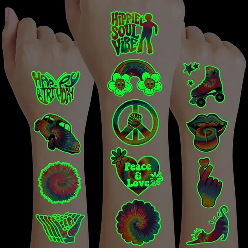 Vista 2 de 96 tatuajes temporales luminosos precortados que brillan en la oscuridad de los años 90 y 80 para niños, recuerdos de fiesta de cumpleaños temáticos