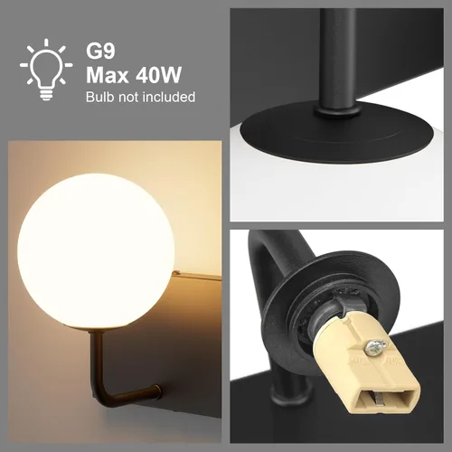 Vista 5 de Tipace Lámpara de tocador negra, 2 luces modernas sobre espejo con globo blanco leche blanca para baño (excluye bombilla)