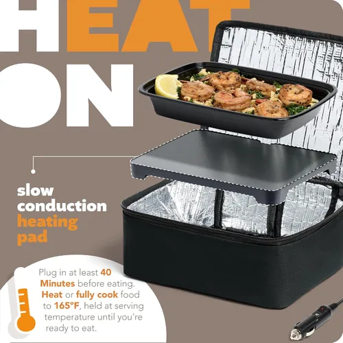 Vista 2 de HOTLOGIC Paquete de mini calentador eléctrico portátil de alimentos, incluye loncheras térmicas de 120 V (azul) y 12 V (negra)