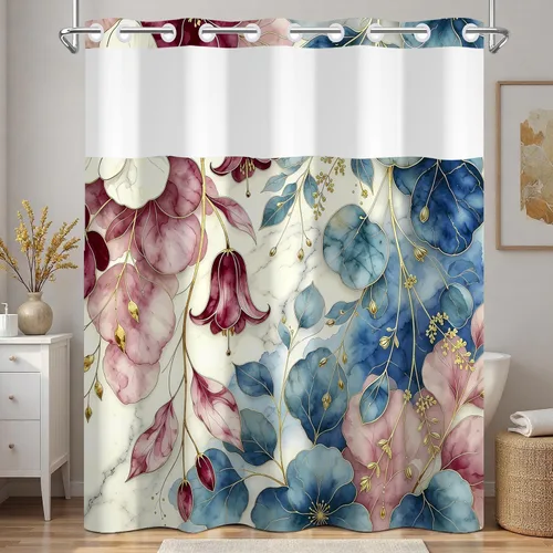 Vista 15 de No Hook Geometric Shower Curtain with Snap in Liner - 71″W x 74″L Waterproof Fabric with Mesh Top Window, Modern Abstract Triangle Design Bath