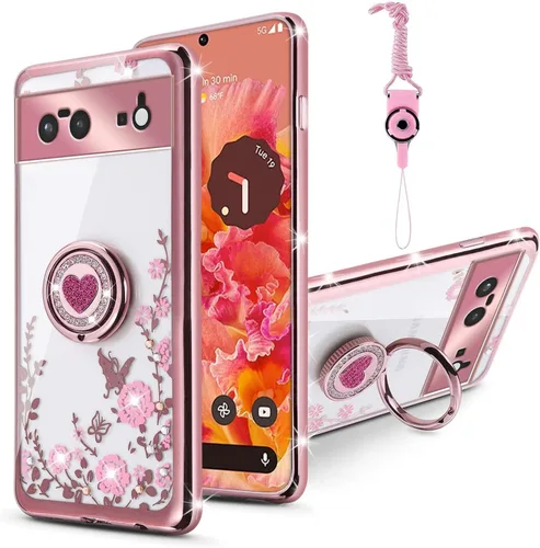 Vista 45 de Funda compatible con Google Pixel 6 Pro para mujer, con purpurina, suave, elegante, transparente, TPU de lujo, bonita funda protectora con correa