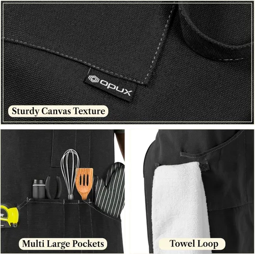 Vista 3 de opux Delantal de chef para hombres, delantal de cocina con bolsillos para mujer, delantal grande de lona unisex para cocinar, asar a la parrilla