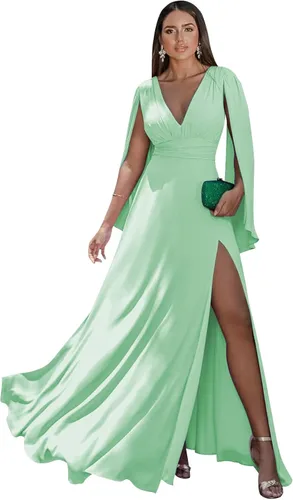 Vista 15 de Women's Long Sleeve Bridesmaid Dresses V-Neck Chiffon Ruched Formal Dress Evening Gown with Slit