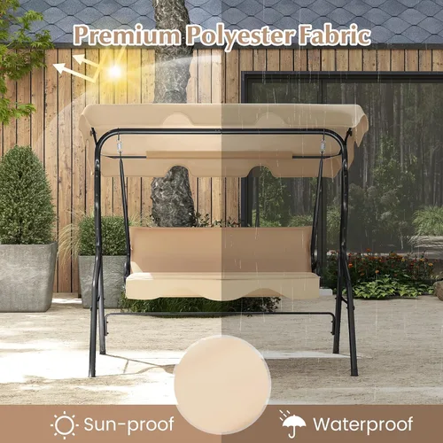 Vista 5 de RELAX4LIFE Silla columpio para porche para 3 personas, columpio para exteriores con toldo ajustable, cojín extraíble y soporte de marco de metal