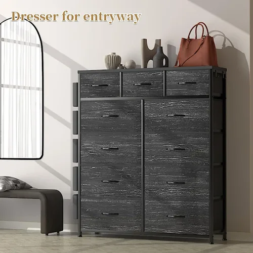 Vista 18 de Cómoda de almacenamiento de tela con 11 cajones para organización del dormitorio, cómoda con estantes profundos, bolsillos laterales y ganchos, Negro