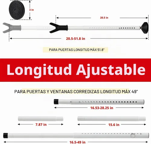Vista 4 de Barra de Seguridad para Puerta - Barra de Seguridad Ajustable para Topes de Puerta de Gran Resistencia - Barras de Seguridad Ajustables para Puertas
