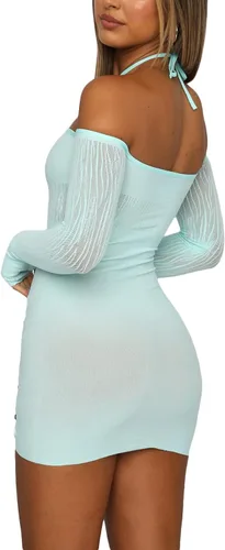 Vista 2 de IMISSILLEB Vestido ajustado de manga larga o corta para mujer, con cuello colgante, para fiesta callejera, para primavera, otoño, casual