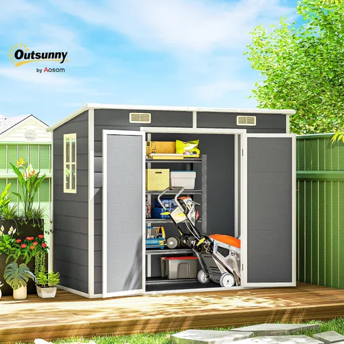 Vista 2 de Outsunny 8' x 4' Outdoor Storage Shed Waterproof Resin with Floor Gray