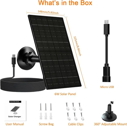 Vista 8 de FUTUREZEN Panel solar de 6 W para cámara de seguridad al aire libre, cargador solar USB/USB-C de 5 V compatible con cámaras de batería recargable