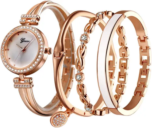 Vista 8 de CdyBox Reloj de cristal para mujer con 3 pulseras, reloj de pulsera de cuarzo, 4 piezas, juego de joyería para mujer