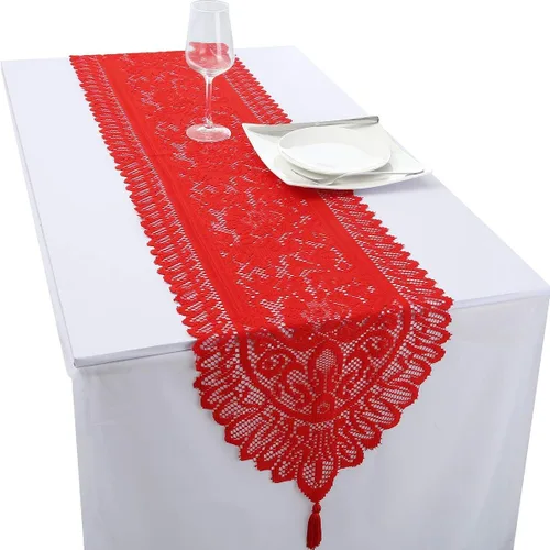 Vista 15 de rockcloud Camino de mesa de encaje para decoración de banquetes de boda, decoración de mesa de fiesta de Navidad, blanco, 13 x 70 pulgadas White E