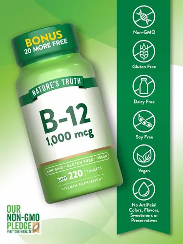 Vista 3 de Nature's Truth Tabletas de vitamina B12 1000 mcg 220 unidades Suplemento vegano, sin OMG y sin gluten