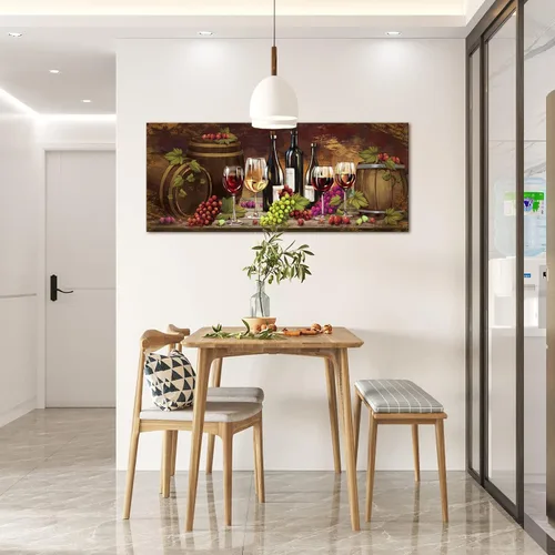 Vista 4 de NutArtPic Wine Wall Art Canvas Kitchen Picture Prints Grape Barrel Painting Red Wine Glass Artwork Prints for Home Kitchen Dinning Room Bar Wine