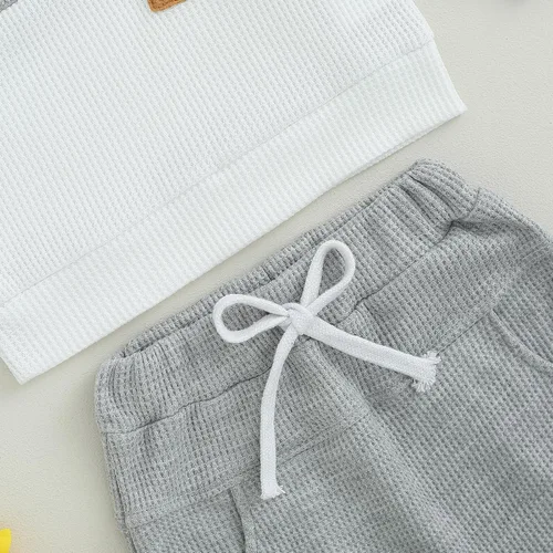 Vista 5 de Ropa de bebé niño de 0 a 3 años, sudadera con retazos de gofre, camisa y pantalones, traje de otoño e invierno
