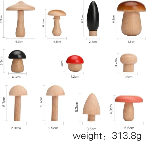 Vista 7 de Juguetes de madera con forma de hongos, bloques de madera Montessori, apilables, juguetes para niños pequeños, 11 piezas, hongos en miniatura 12