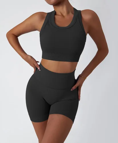 Vista 105 de Conjuntos de entrenamiento para mujer, 2 piezas, sin costuras, acanalada, sin mangas, brasier deportivo, cintura alta, pantalones cortos