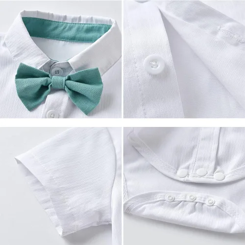 Vista 8 de Conjunto de traje de caballero de manga corta para bebé niño con corbatín + pantalones cortos con tirantes y pantalones cortos para bautizo festivo