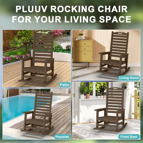 Vista 8 de PLUUV Silla mecedora de exterior con reposapiés extraíble para adultos, sillas mecedoras de patio de respaldo alto HDPE, sillas mecedoras de porche