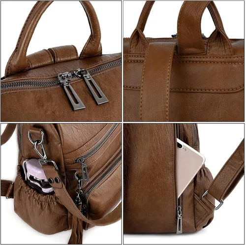 Vista 4 de UTO Mochila de cuero vegano para mujer, diseño de moda, convertible con borla, para viajes, con borla