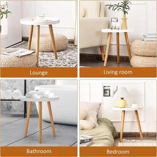 Vista 6 de Mesa auxiliar redonda, mesa auxiliar moderna con bandeja de madera anticaída, mesa de centro redonda para sala de estar, dormitorio, color blanco (1)
