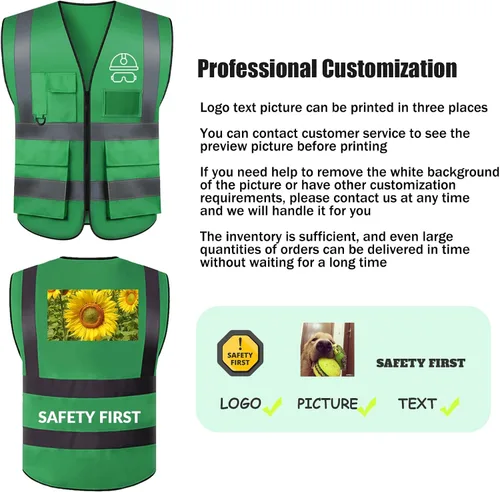 Vista 2 de BeautyWill Chaleco de seguridad con logotipo personalizado, Hi Vis Clase 2, chaleco reflectante de construcción unisex con 5 bolsillos