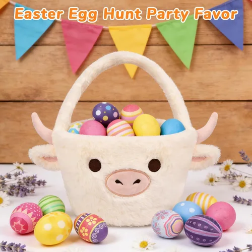 Vista 2 de Cesta de Pascua - Cestas de felpa de vaca blanca de Pascua para niños, suaves y vacías para caza de huevos con asa, lindas decoraciones de dulces