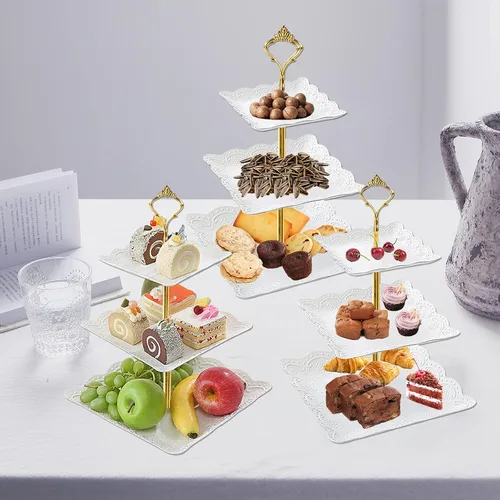 Vista 2 de 3 soportes cuadrados blancos para tartas de 3 niveles, bandeja de servir de 3 niveles, soporte para cupcakes, soporte de postre, decoración de mesa