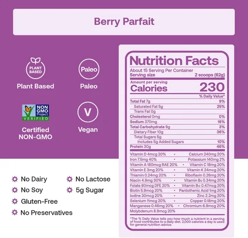 Vista 4 de Happy Viking Berry Parfait - Proteína vegetal en polvo, creada por Venus Williams, 0.71 onzas de proteína, baja en carbohidratos, keto, vegano, sin