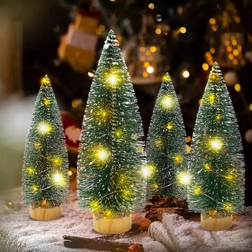 Vista 4 de Mini árbol de Navidad con luces, árboles de Navidad de cepillo de botella con base de madera, mini árbol de pueblo navideño de mesa