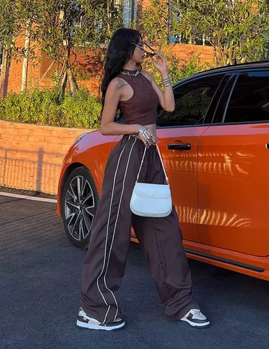 Vista 4 de Pantalones de paracaídas para mujer, pantalones cargo con cintura elástica, pierna ancha, ropa Y2K