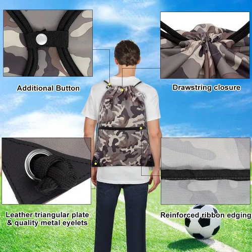 Vista 3 de CALACH Mochila deportiva con cordón, bolsa de gimnasio para yoga, viajes, para mujeres y hombres, tamaño grande con bolsillos con cremallera, MARRÓN