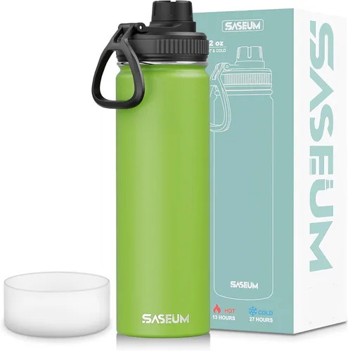 Vista 23 de SASEUM Botella de agua de acero inoxidable de 12 onzas, botella aislada sin BPA con tapa de boquilla a prueba de fugas, botella de metal de boca