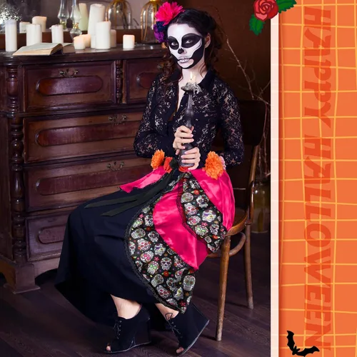 Vista 6 de Día de los Muertos Halloween con lazo en falda bulliciosa accesorios de disfraz Día de los Muertos lindo vestido de calavera para mujeres Senorita