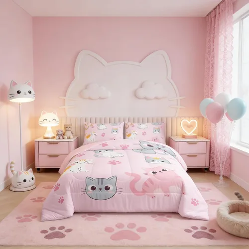 Vista 5 de Erosebridal - Juego de edredón para niños tamaño individual con diseño de gatos coloridos; juego de ropa de cama para niñas estilo Kawaii Patrón 38