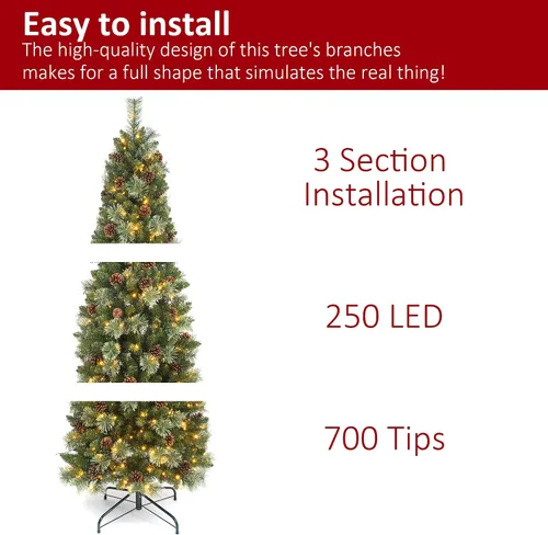 Vista 5 de Árbol de Navidad artificial preiluminado de 6.5 pies, árbol de Navidad artificial de pino con 250 luces LED, agujas de pino y conos de pino