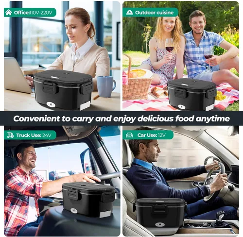 Vista 7 de Fiambrera eléctrica para adultos, 80 W 1.5 L, calentador de alimentos portátil para adultos, 12 V/24 V/110 V, automóvil, camión, oficina, hogar, a