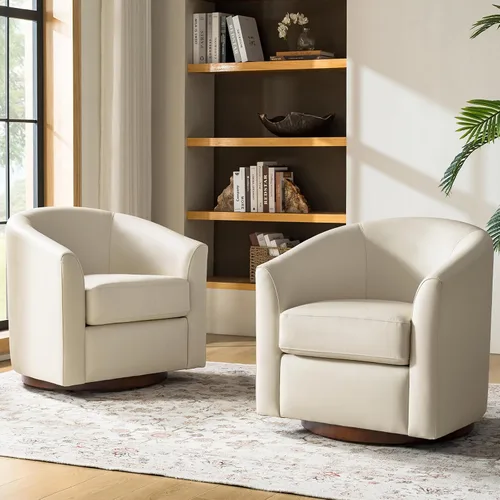 Vista 15 de HULALA HOME Silla giratoria de cuero genuino con base de madera maciza Beige