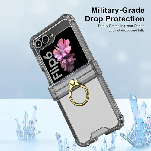 Vista 6 de Funda transparente para Samsung Galaxy Z Flip 6, protección de bisagra de lujo con soporte de anillo y protector de pantalla, funda suave todo Negro