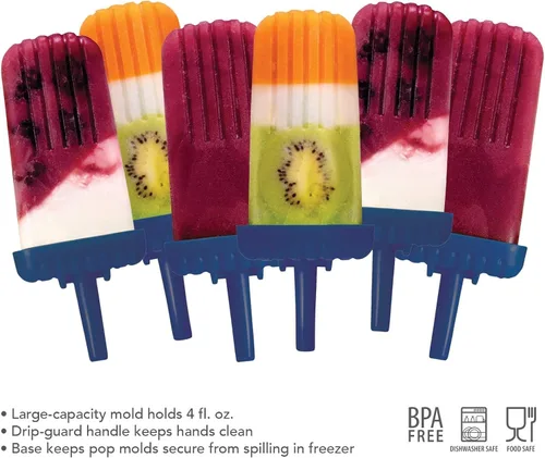 Vista 2 de Tovolo Groovy - Juego de 6 moldes para paletas congeladas caseras, moldes reutilizables para paletas con palos y protector de goteo, aptos para Azul