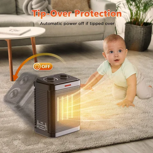 Vista 6 de Calentador de espacio para uso en interiores, calentador eléctrico portátil de cerámica de 1500 W, calentador de espacio pequeño con termostato