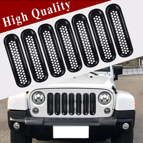Vista 7 de ASUBHA 7 piezas de insertos de malla para parrilla frontal, color negro mate, cubierta protectora de malla frontal con clip, compatible con Jeep JK