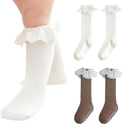 Vista 11 de Calcetines largos con volantes para bebés y niñas de 6 a 12 meses A-encaje-4 Pack