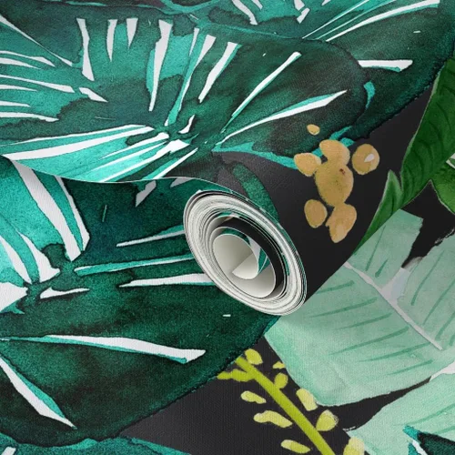 Vista 2 de Spoonflower Papel tapiz para despegar y pegar, hojas oscuras tropicales, hojas de plátano, selva, palma, verde, papel tapiz extraíble personalizado