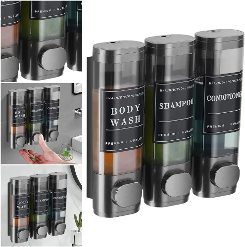 Vista 9 de Shampoo and Conditioner Dispenser 3 Chamber Shower Dispenser No Drill Gray