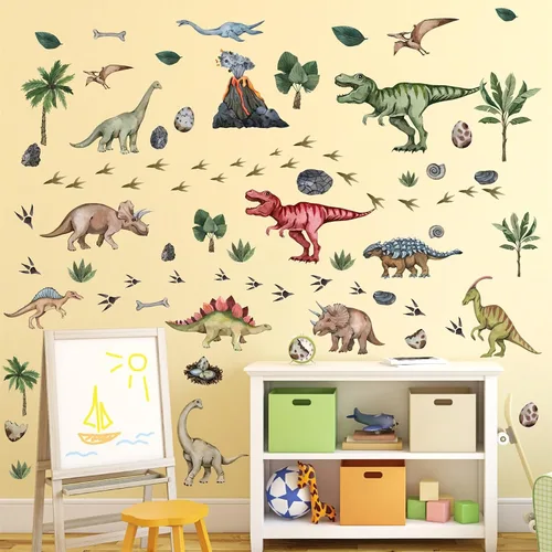 Vista 8 de Calcomanías de pared grandes de dinosaurio para despegar y pegar, calcomanías de pared de huellas de dinosaurio, hojas tropicales, palmeras